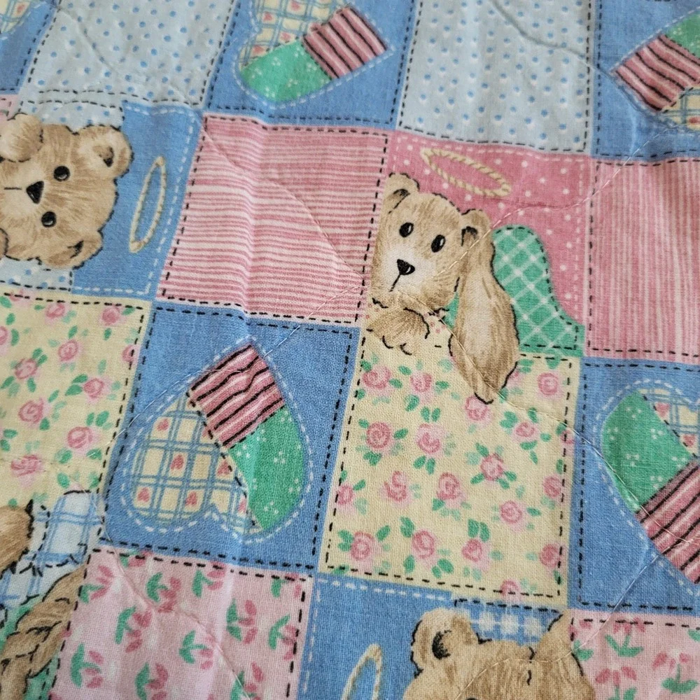 Vintage Guardian Angel Bear‎ Reversible Baby Quilt Pastel Rainbow Eyelet Ruffle
